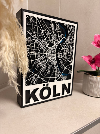3D Holz-Stadtkarte Köln | Mit Schriftzug | 15x20cm