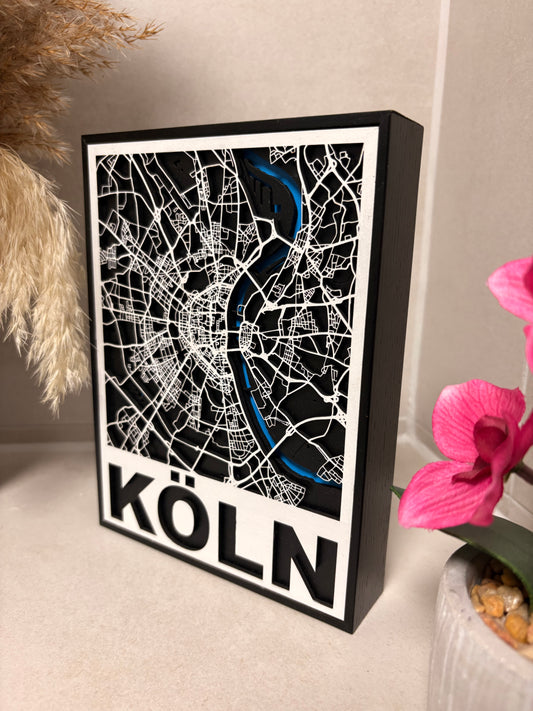 3D Holz-Stadtkarte Köln | Mit Schriftzug | 15x20cm