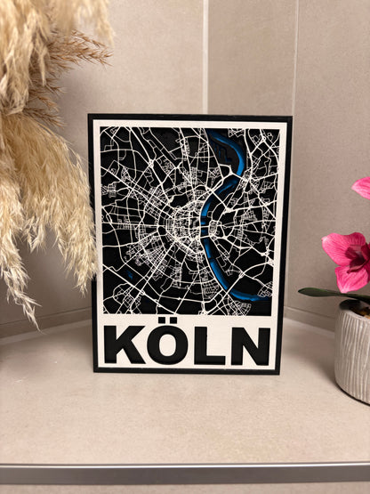 3D Holz-Stadtkarte Köln | Mit Schriftzug | 15x20cm
